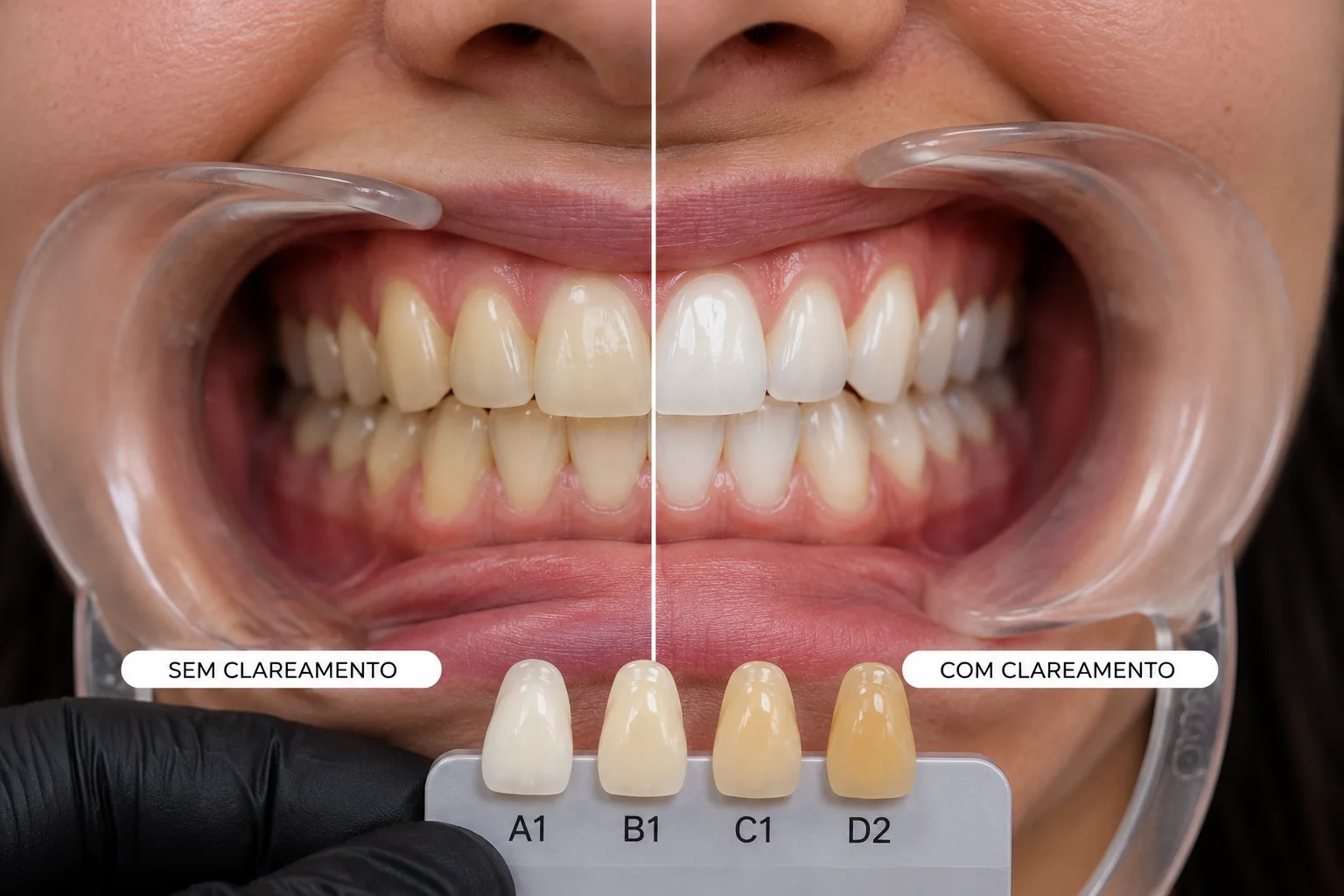 Antes e depois de clareamento dental